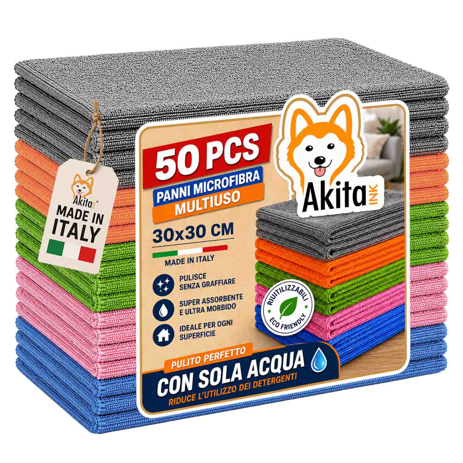 Akitaink set 50 panni in microfibra multiuso 30x30 cm