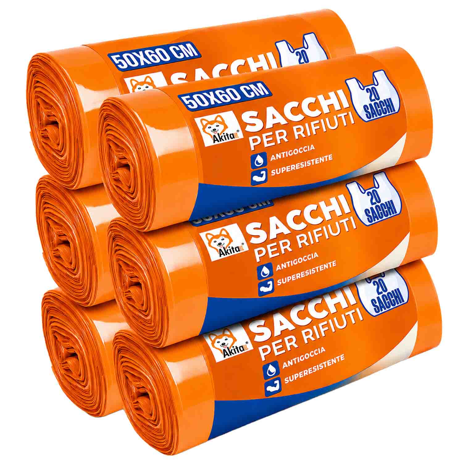 120 sacchi spazzatura antiforo con manici 50x60 cm arancio