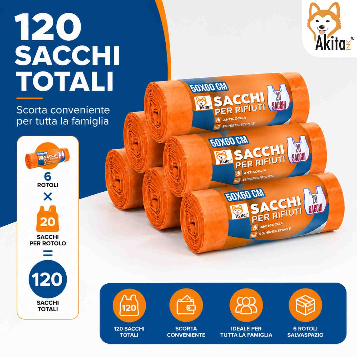 120 Sacchi Spazzatura Antiforo Con Manici 50x60 cm Arancio foto 6