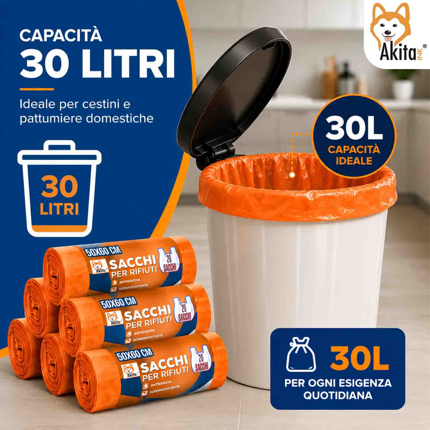 120 Sacchi Spazzatura Antiforo Con Manici 50x60 cm Arancio foto 5