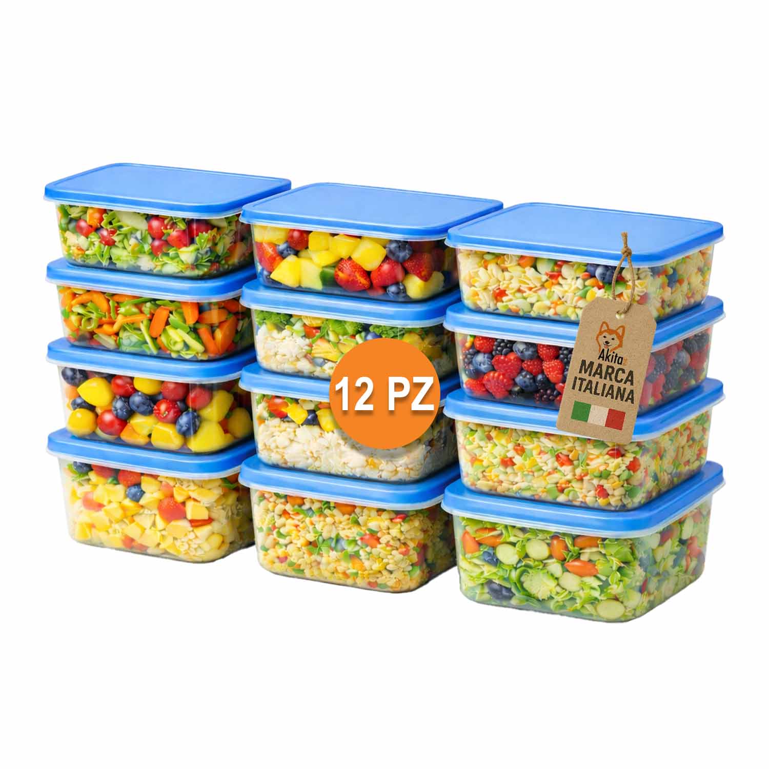 Set 12 contenitori rettangolari 650 ml con coperchio blu