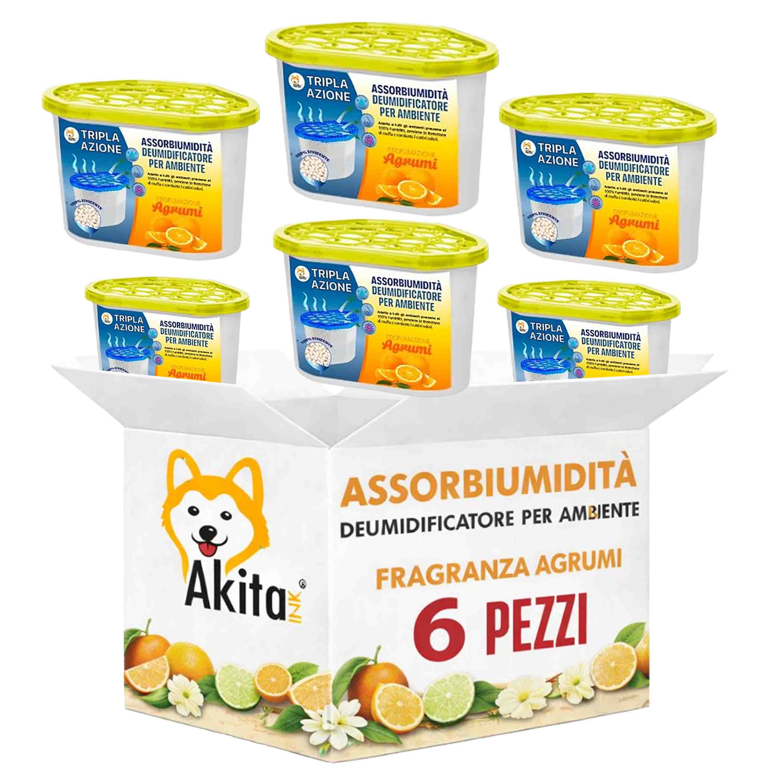 Set 6 assorbiumidita' deumidificatori agrumi 500 ml