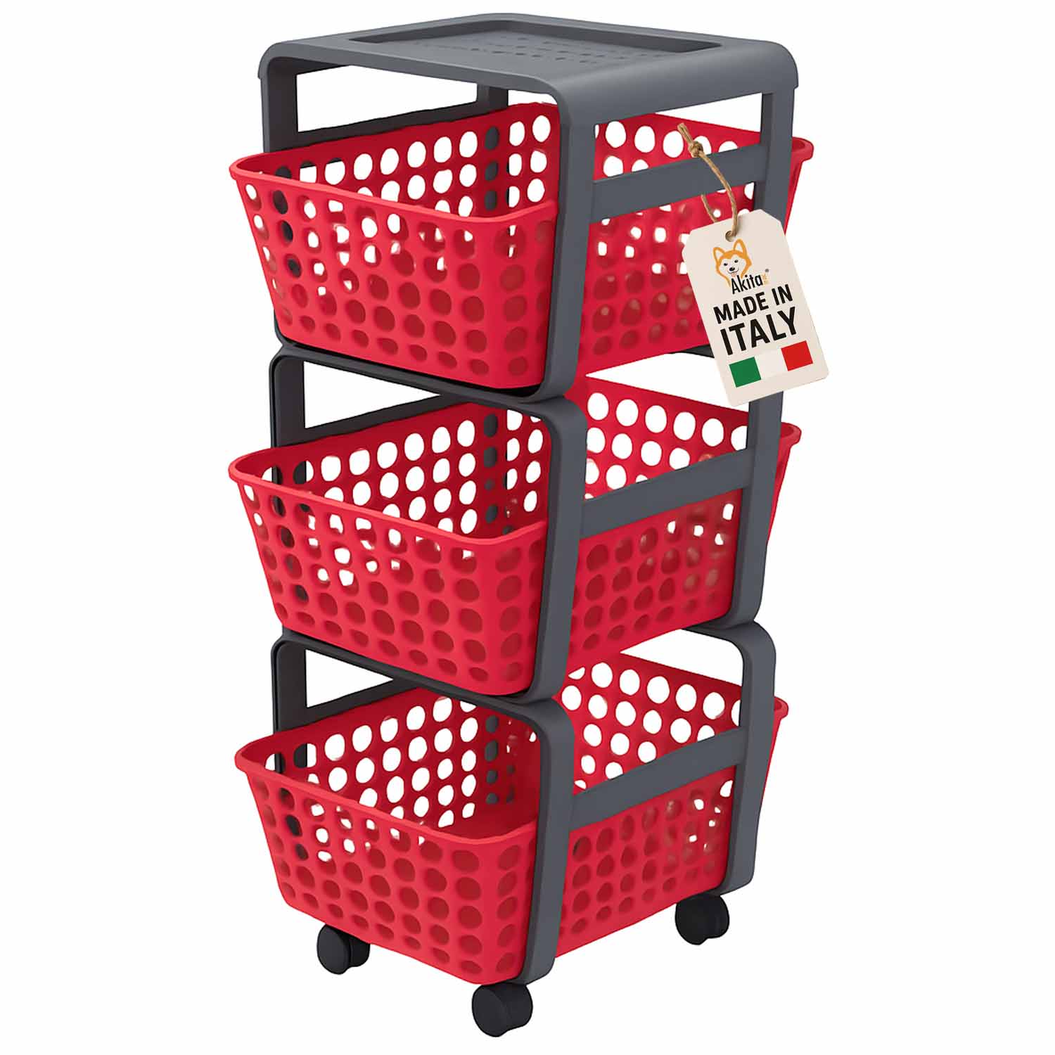 Carrello portatutto 3 ripiani rosso con ruote salvaspazio
