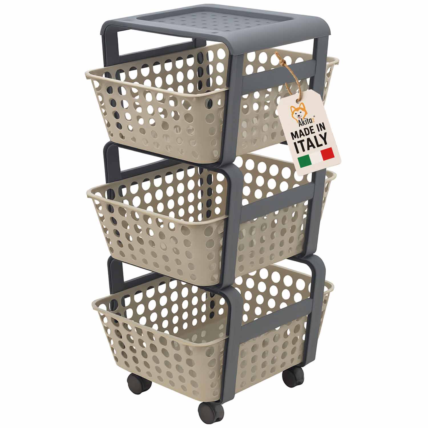 Carrello portatutto 3 ripiani tortora con ruote salvaspazio