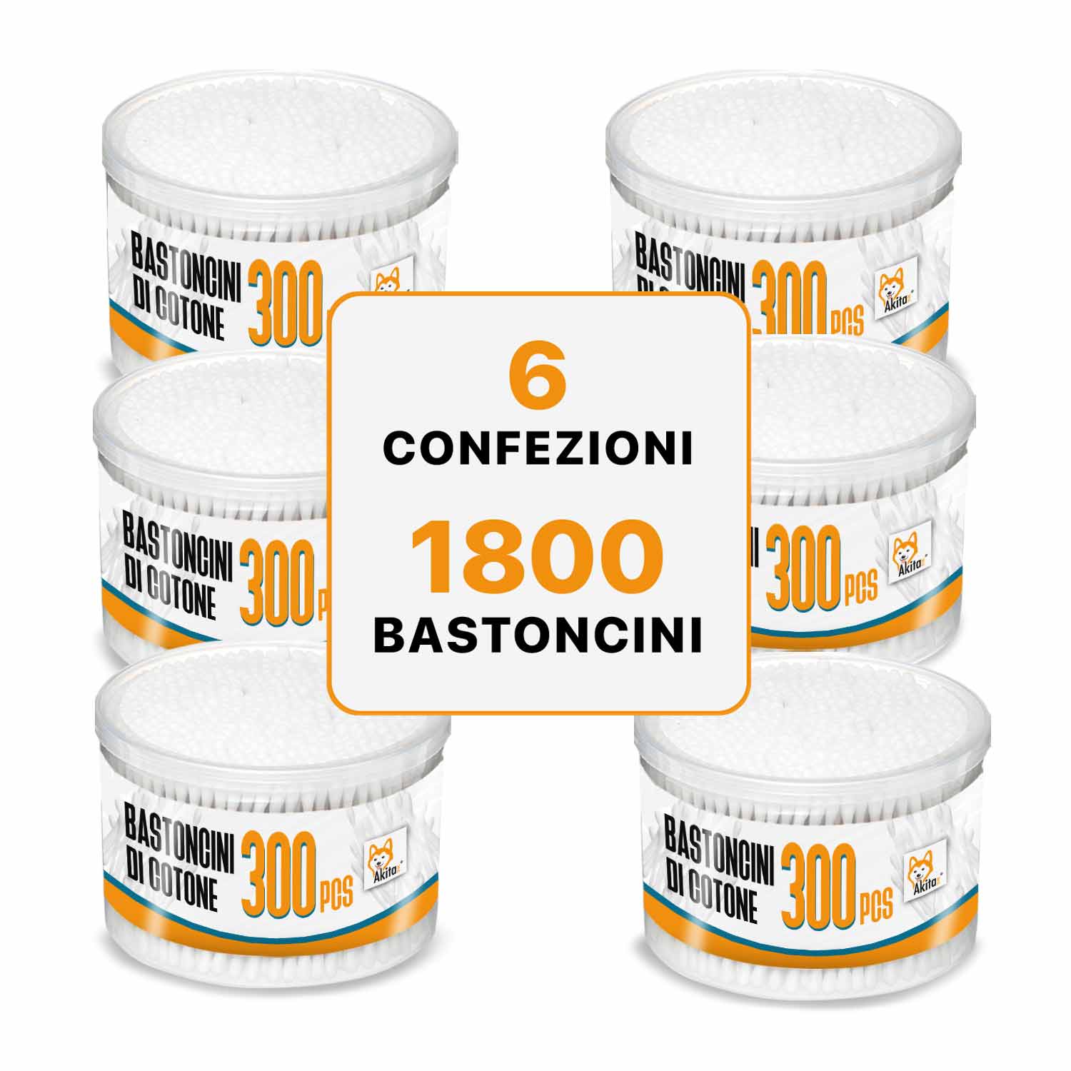 Akitaink - bastoncini cotonati biodegradabili | 6 confezioni x 300 pz