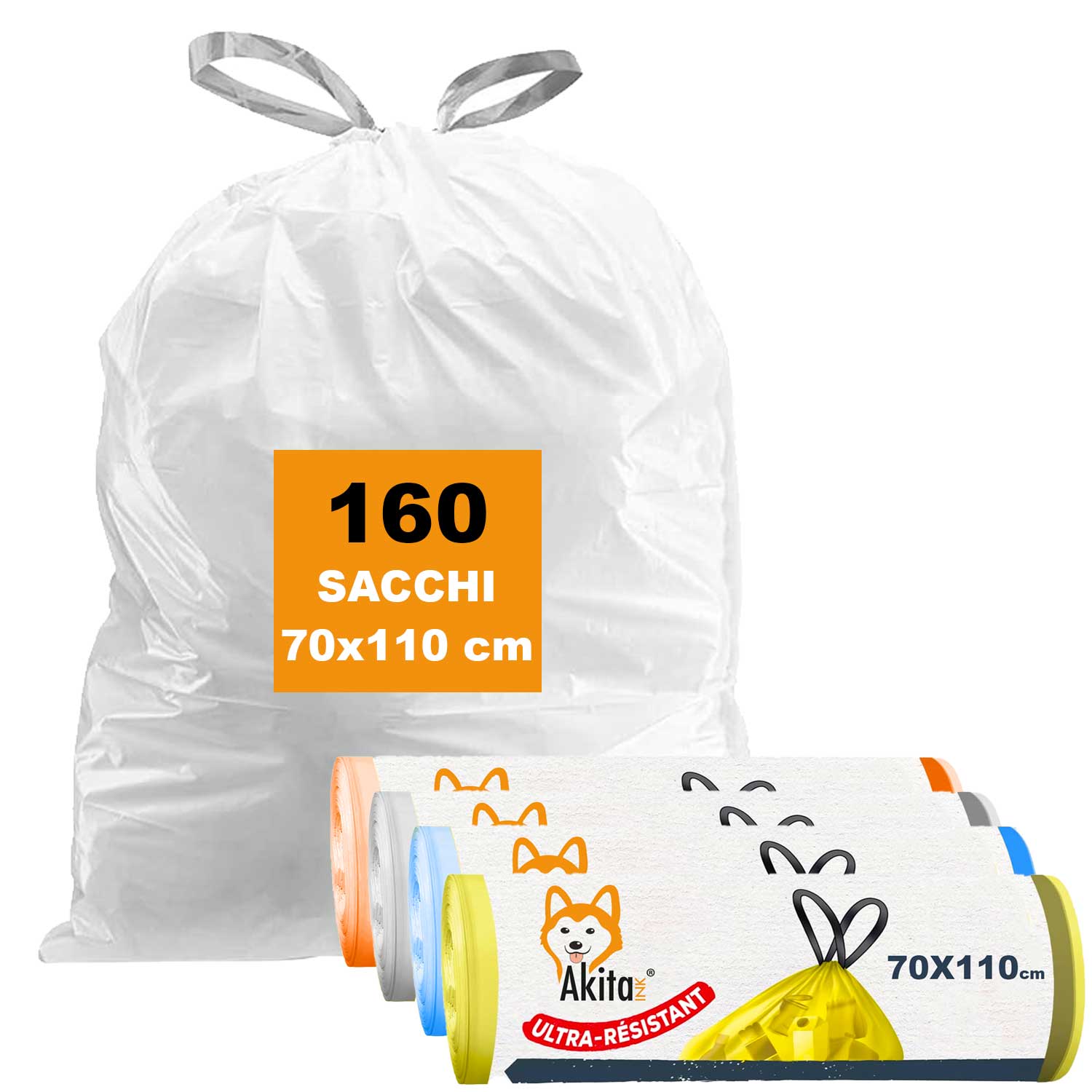 AkitaInk, 160 sacchi per pattumiera 70X110 con manici Alta Resistenza, 110L foto 2