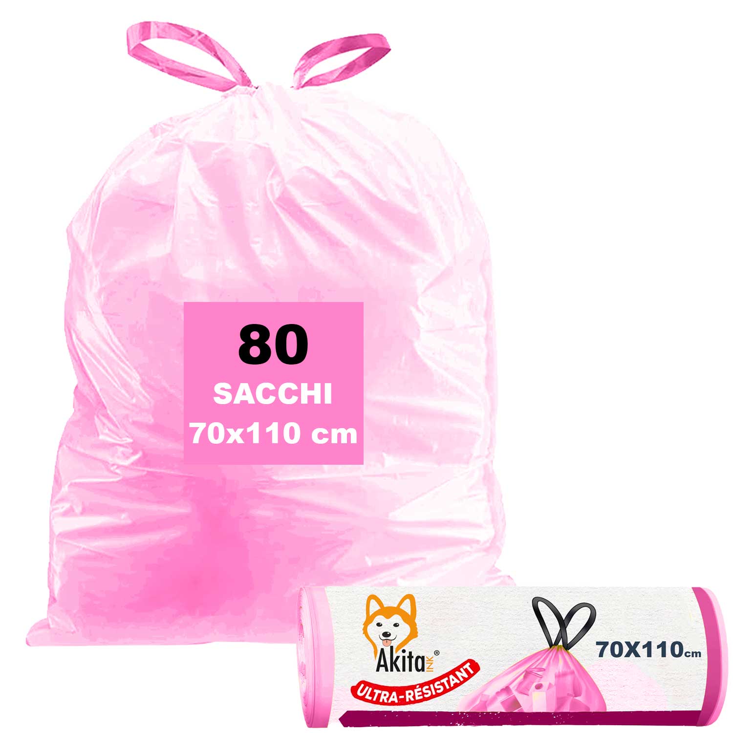AkitaInk, 80 sacchi per pattumiera 70X110 con manici Rosa Alta Resistenza, 110L foto 2