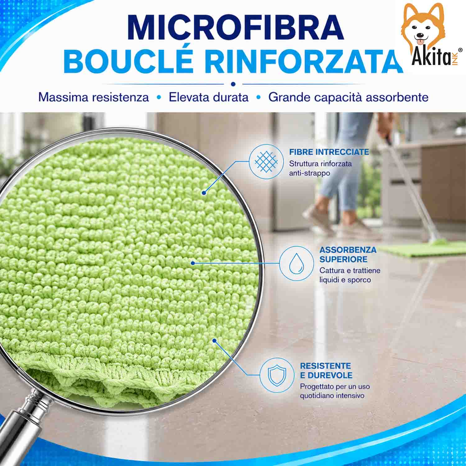 Akitaink 3 Panni Pavimenti Microfibra Clean Master 50x70 cm foto 5
