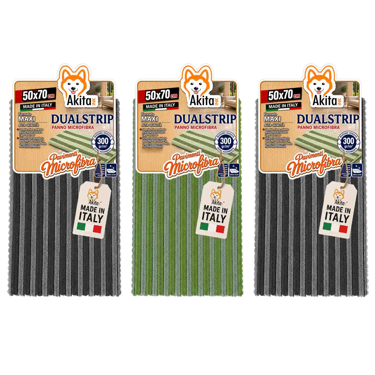Akitaink 3 panni pavimenti microfibra dual strip 50x70 cm