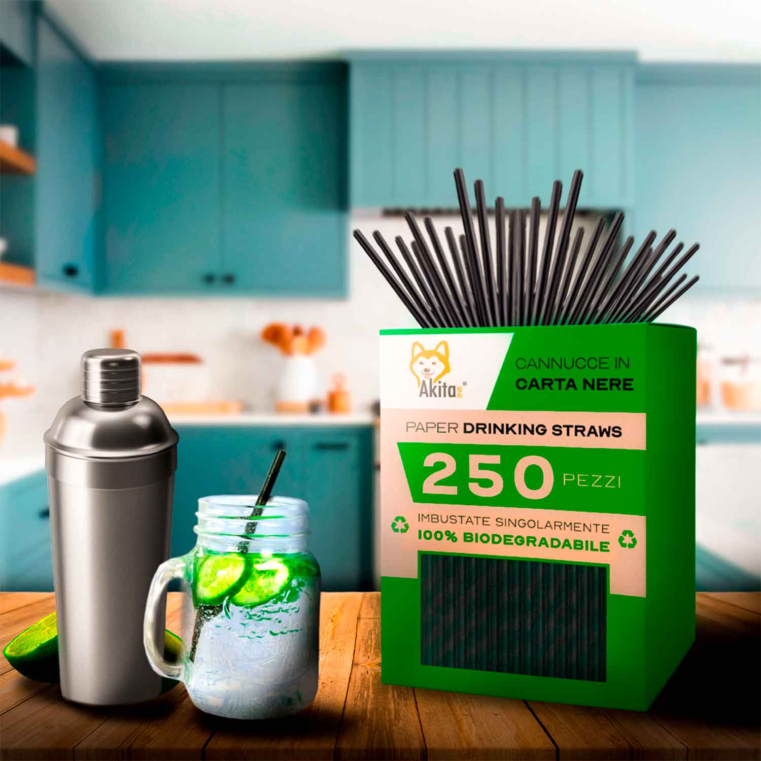 Akitaink [250 pezzi - 20 cm - 6mm] Cannucce per cocktail nere in carta - Nero foto 3