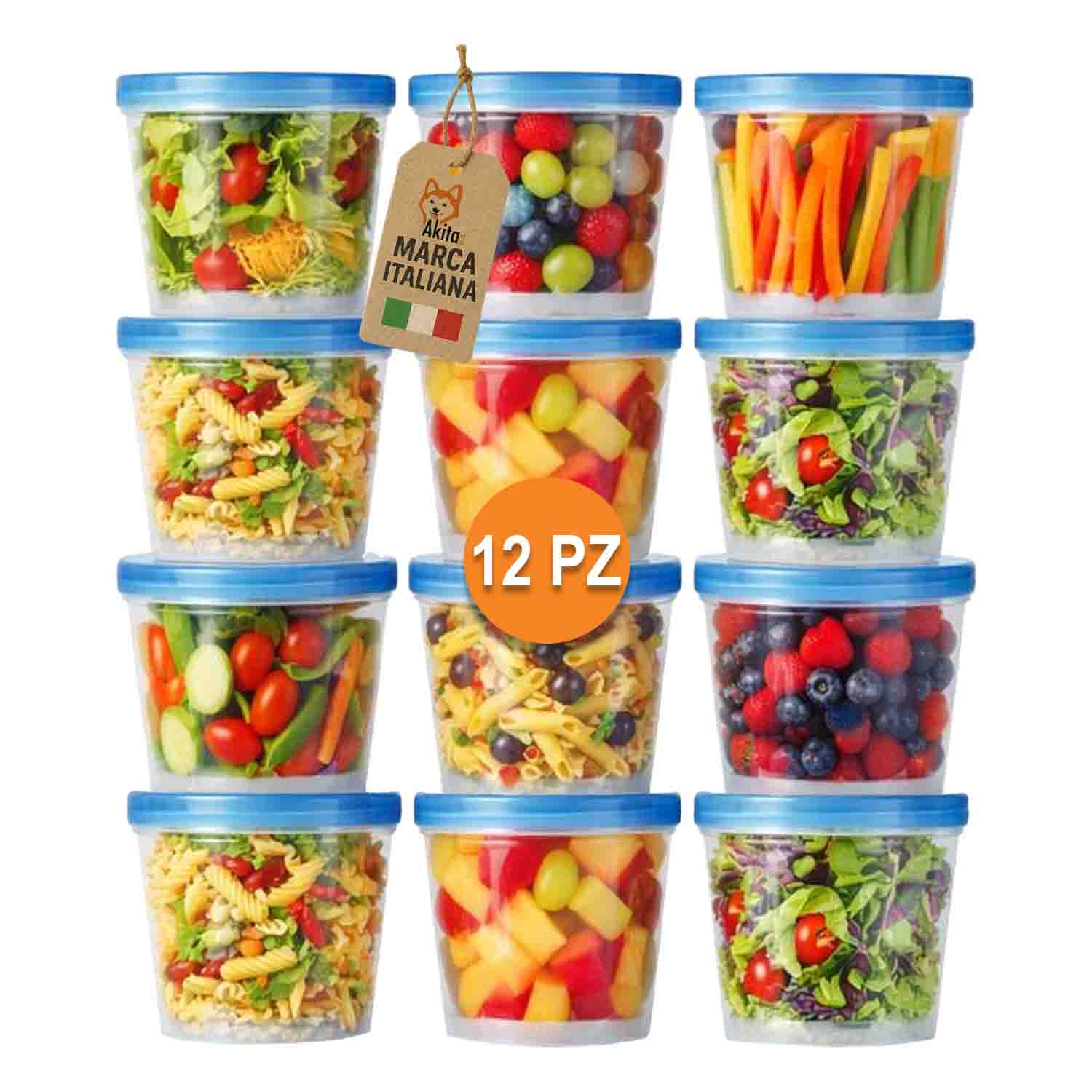 Set 12 contenitori tondi 700 ml con coperchio blu