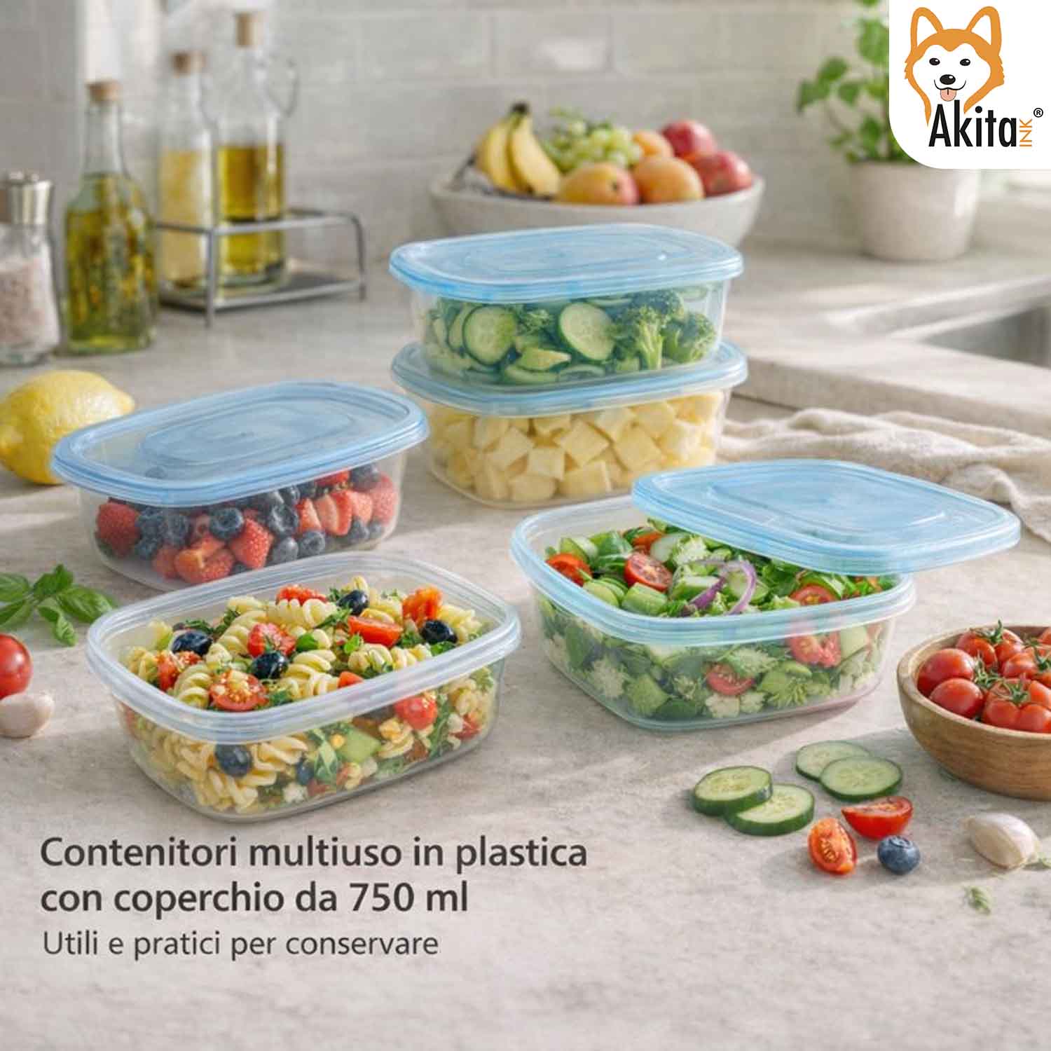 Set 12 Contenitori Ovali 750 ml con Coperchio Blu foto 3