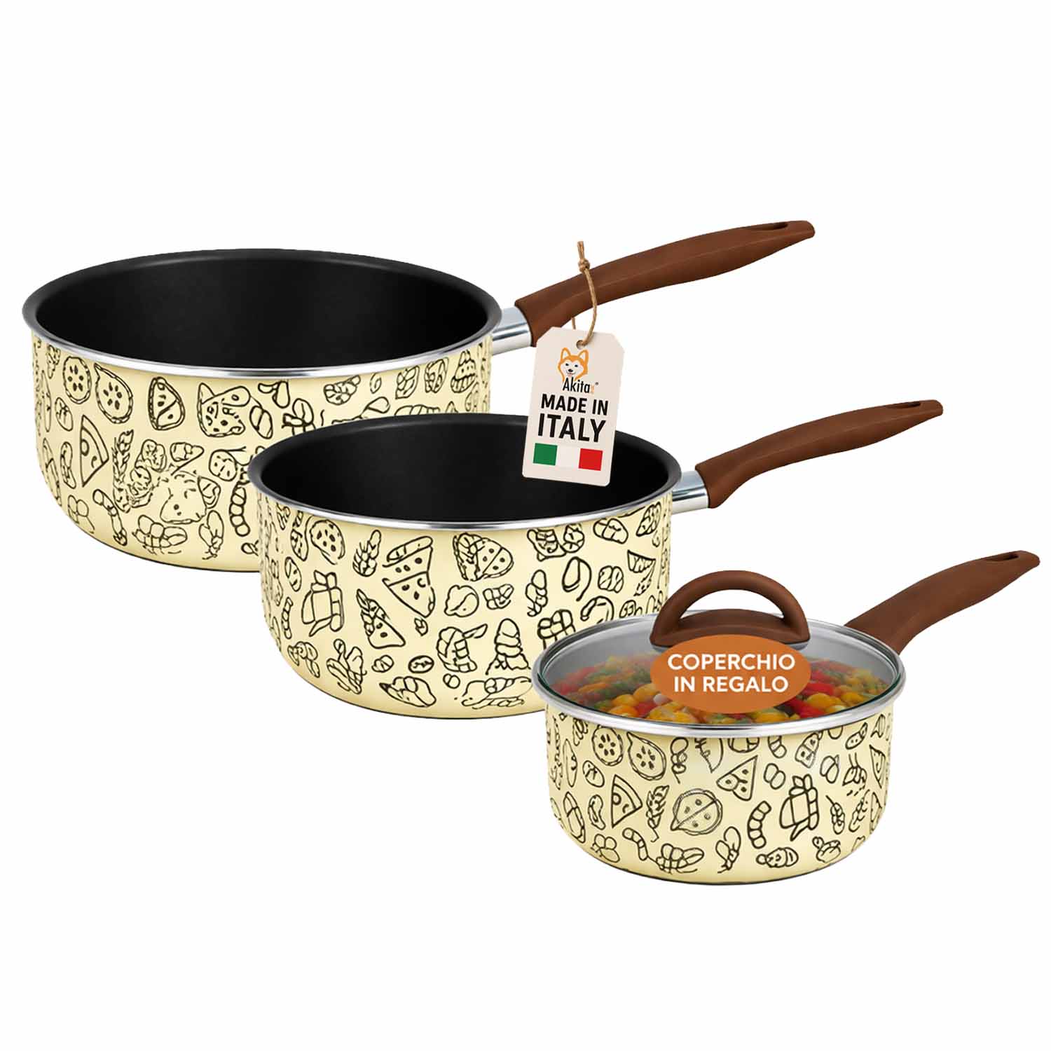 Tris casseruole pastella 16-18-20 cm con coperchio vetro