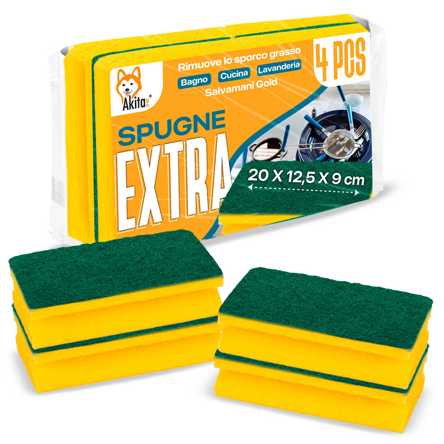 Akitaink 4 Spugne XXL Antibatteriche per Bagno e Cucina 20x12,5x9 cm foto 2