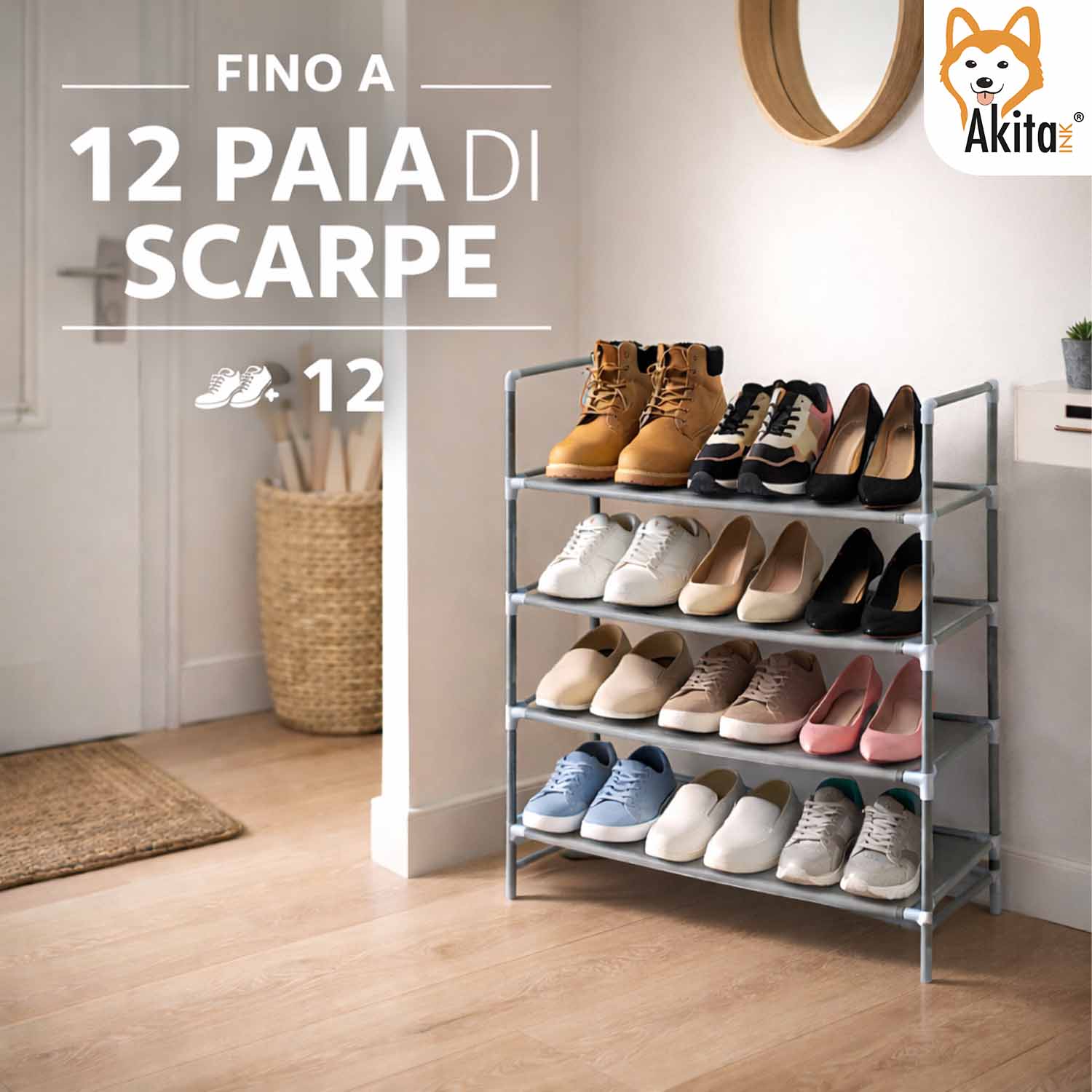 Scarpiera 4 Ripiani Salvaspazio in Metallo con Ripiani Tessuto foto 3