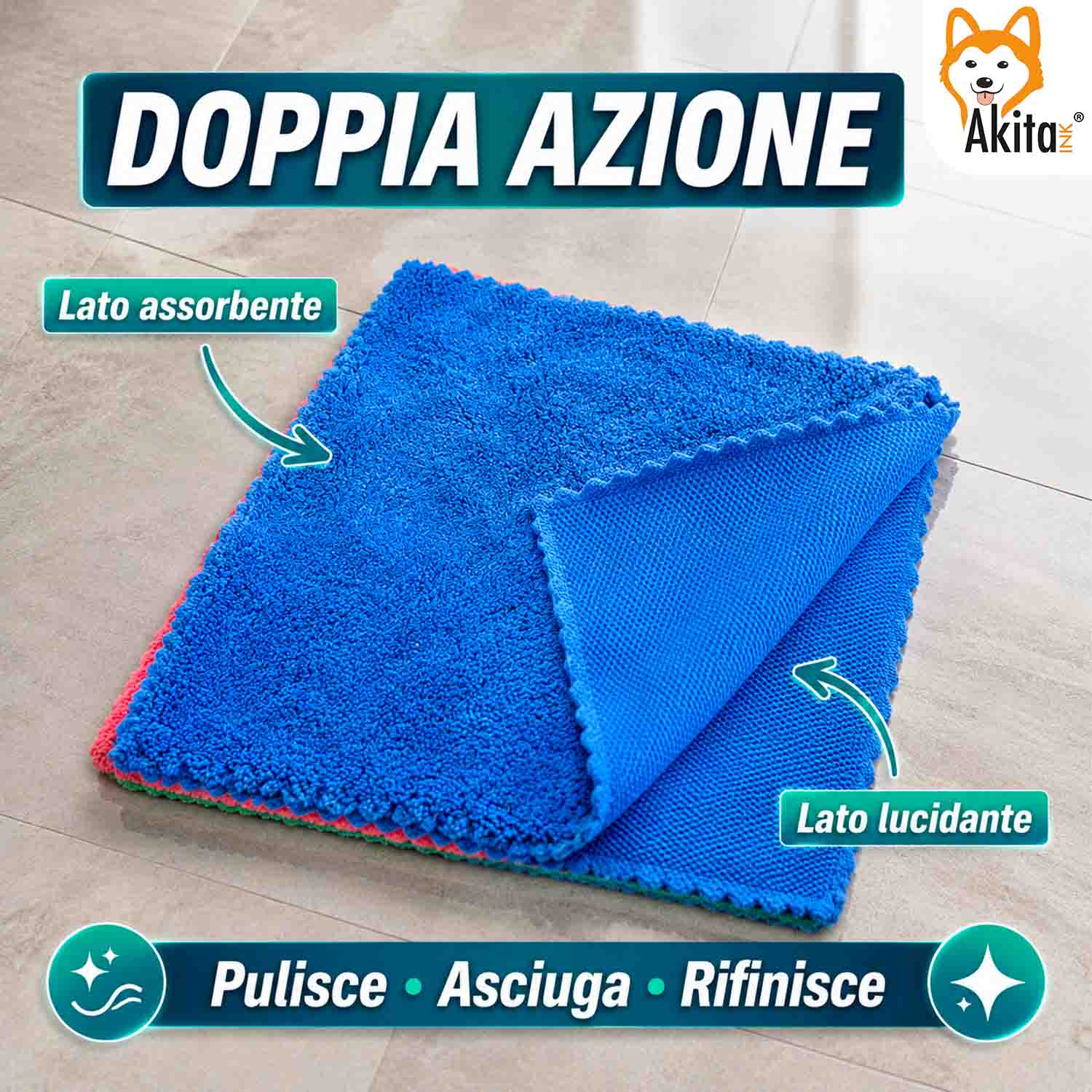 Akitaink 3 Panni Pavimenti Microfibra Doppia Azione 50x70 cm foto 3