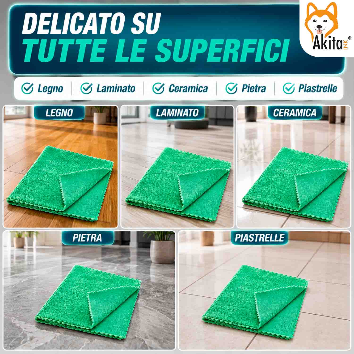 Akitaink 3 Panni Pavimenti Microfibra Doppia Azione 50x70 cm foto 5