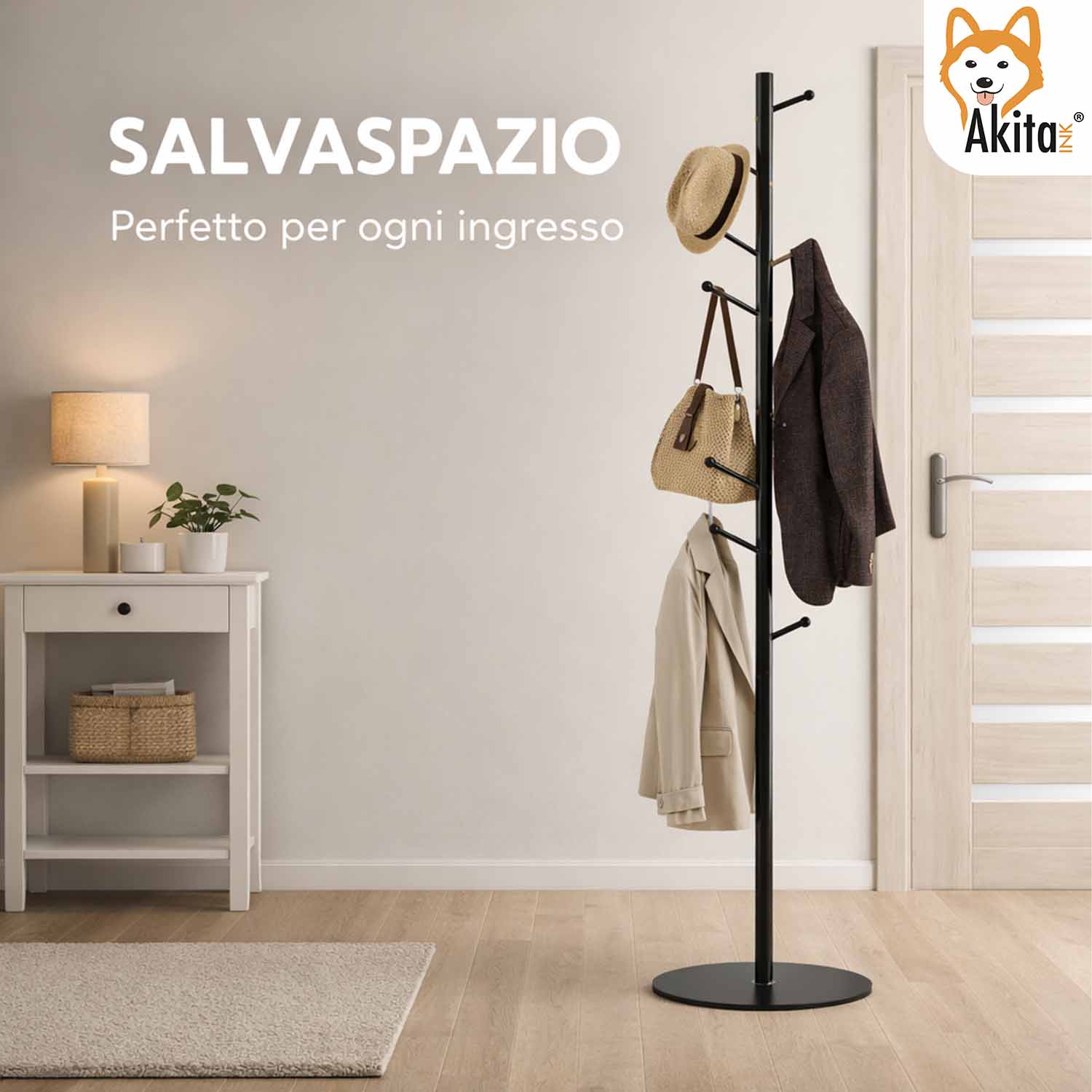 Attaccapanni da Terra Metallo 8 Ganci con Base MDF Nero foto 3